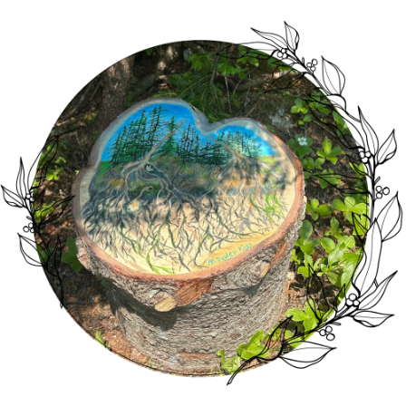 Stump painted to depict root systems and trees